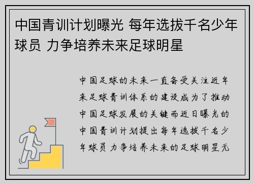 中国青训计划曝光 每年选拔千名少年球员 力争培养未来足球明星