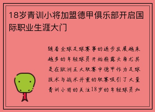 18岁青训小将加盟德甲俱乐部开启国际职业生涯大门